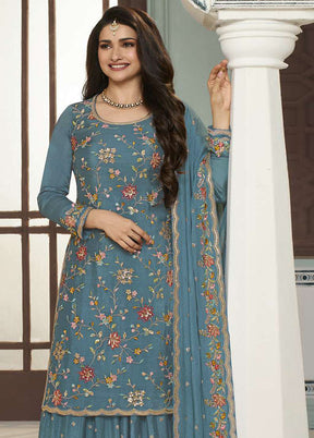 3 Pc Blue Semi Stitched Viscose Suit Set