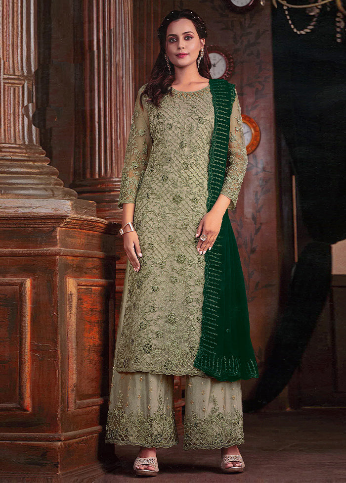 3 Pc Pista Green Semi Stitched Net Suit Set