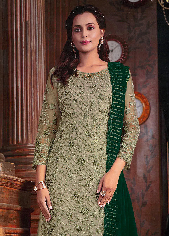 3 Pc Pista Green Semi Stitched Net Suit Set