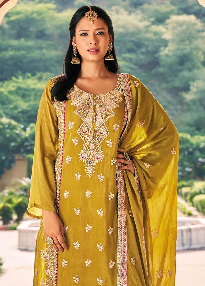 3 Pc Yellow Semi Stitched Silk Suit Set