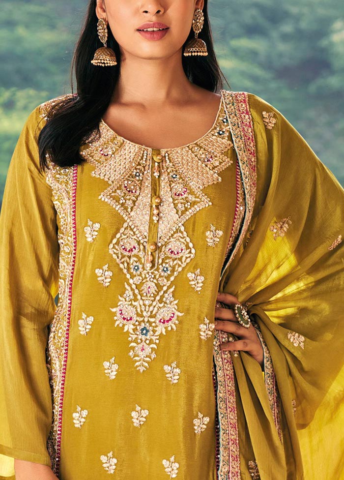 3 Pc Yellow Semi Stitched Silk Suit Set