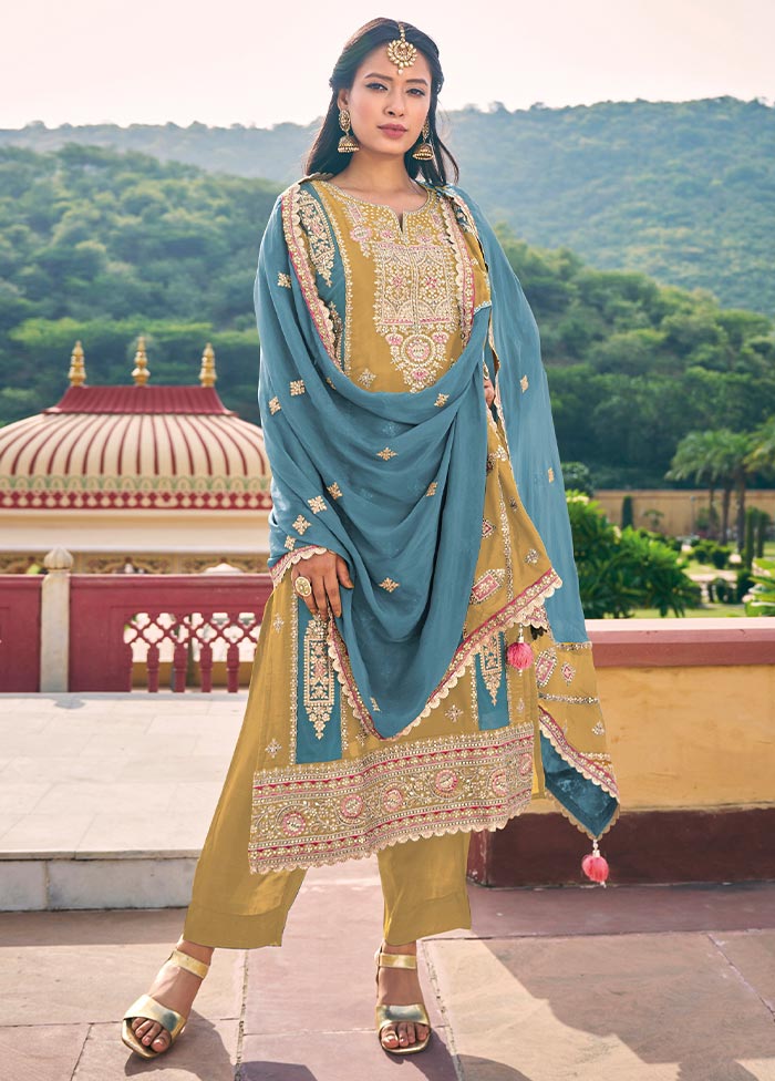 3 Pc Light Yellow Semi Stitched Silk Suit Set