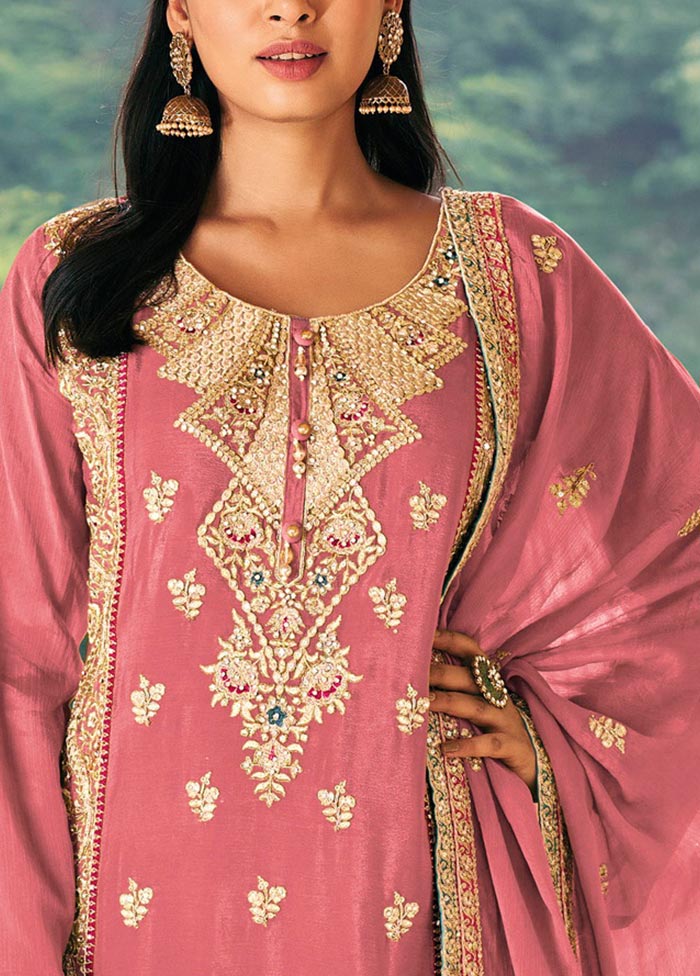 3 Pc Pink Semi Stitched Silk Suit Set