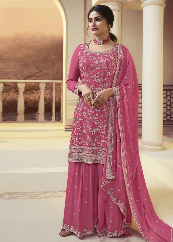 3 Pc Dark Pink Semi Stitched Silk Suit Set