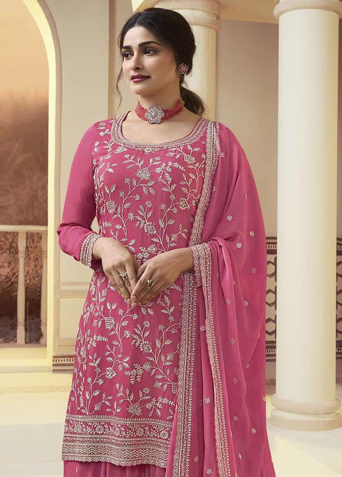 3 Pc Dark Pink Semi Stitched Silk Suit Set