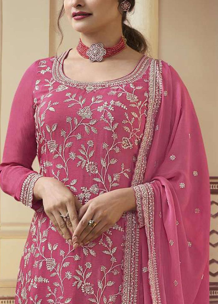 3 Pc Dark Pink Semi Stitched Silk Suit Set