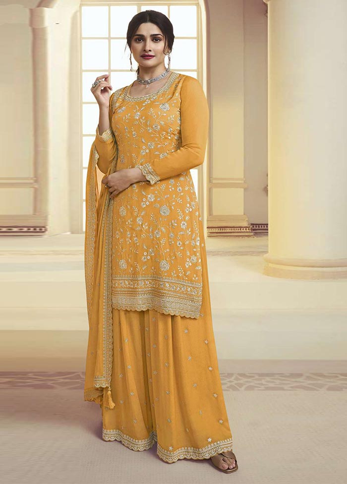 3 Pc Mustard Semi Stitched Silk Suit Set