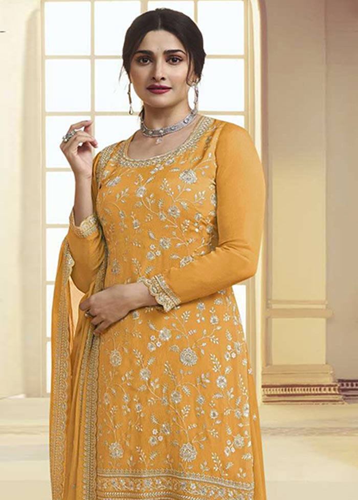 3 Pc Mustard Semi Stitched Silk Suit Set