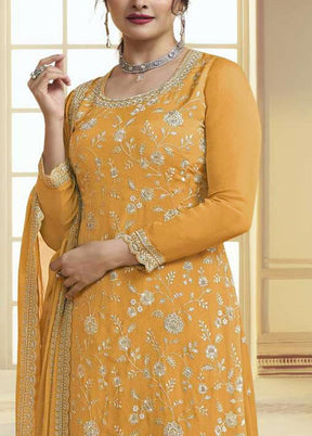 3 Pc Mustard Semi Stitched Silk Suit Set