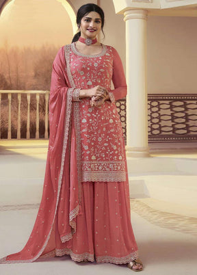 3 Pc Dark Peach Semi Stitched Silk Suit Set