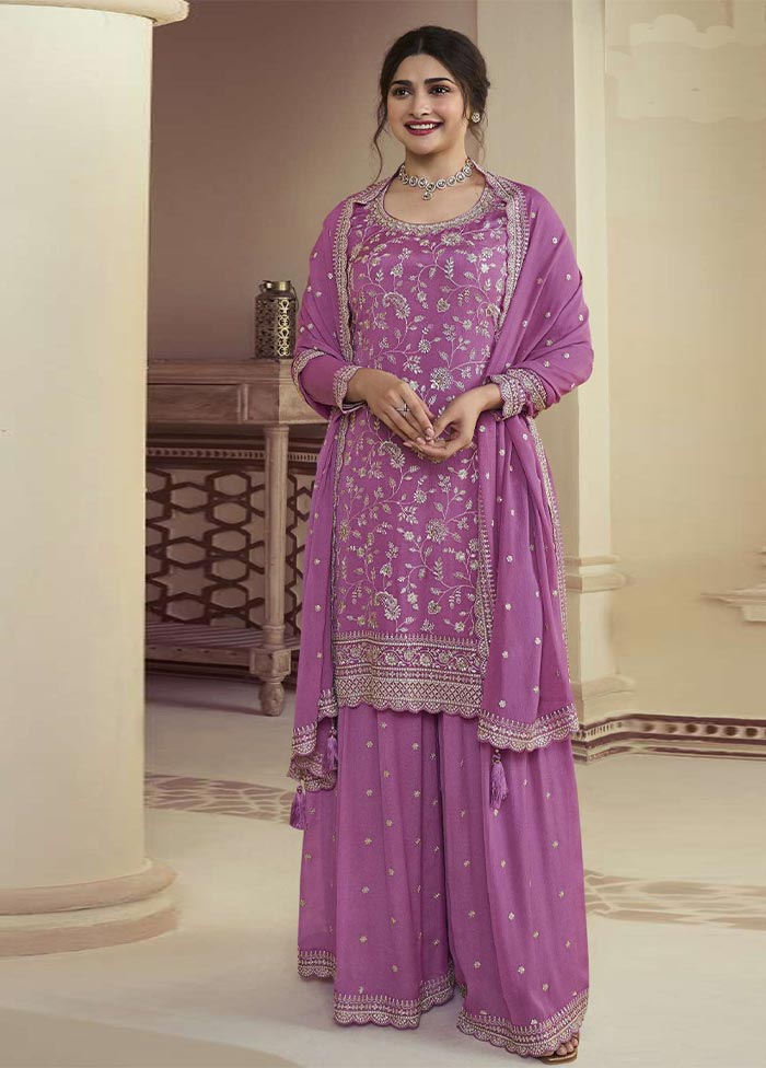 3 Pc Pink Semi Stitched Silk Suit Set