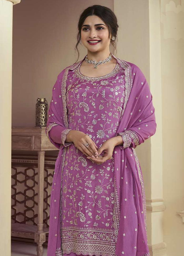 3 Pc Pink Semi Stitched Silk Suit Set