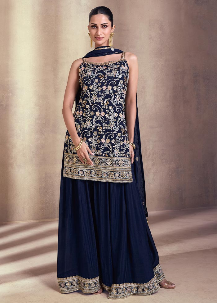 3 Pc Navy Blue Semi Stitched Georgette Suit Set