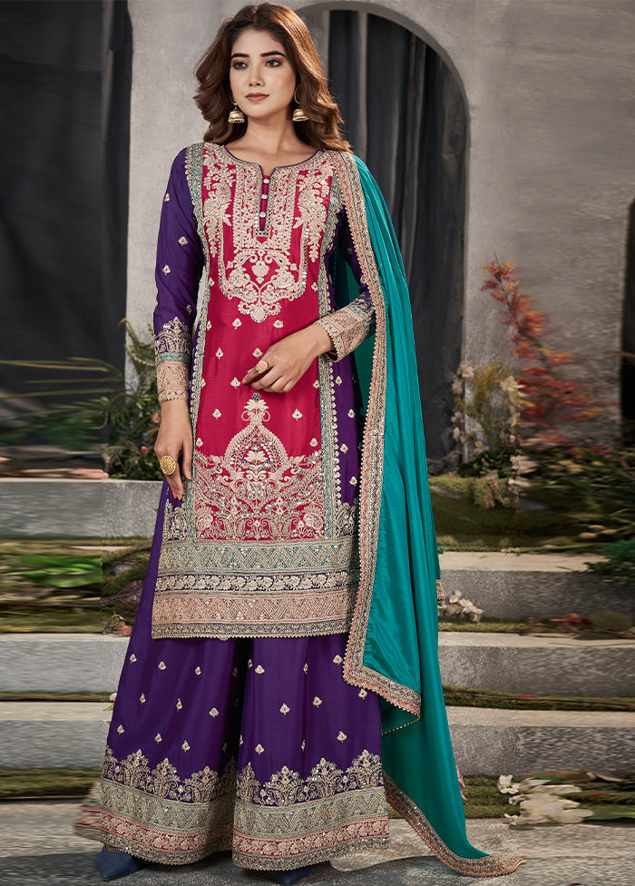 3 Pc Multicolor Semi Stitched Silk Suit Set