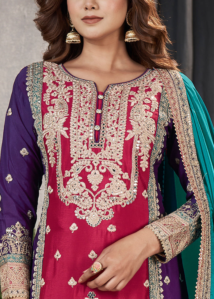 3 Pc Multicolor Semi Stitched Silk Suit Set