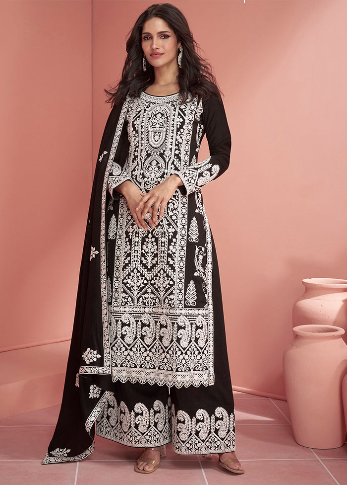 3 Pc Black Semi Stitched Georgette Suit Set