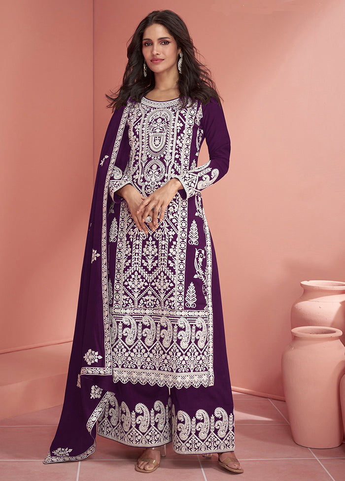 3 Pc Purple Semi Stitched Georgette Suit Set