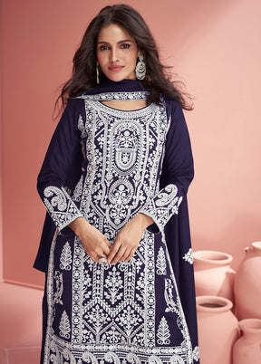 3 Pc Navy Blue Semi Stitched Georgette Suit Set