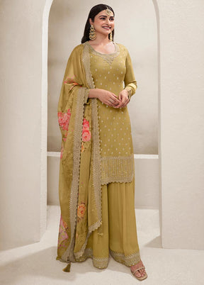 3 Pc Light Yellow Semi Stitched Viscose Suit Set