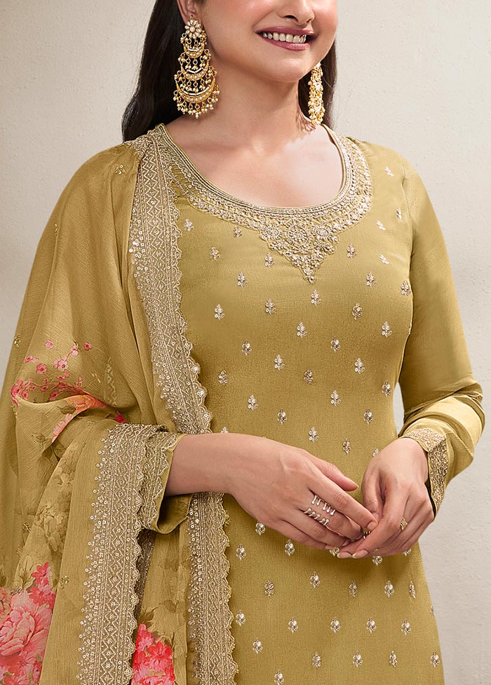 3 Pc Light Yellow Semi Stitched Viscose Suit Set