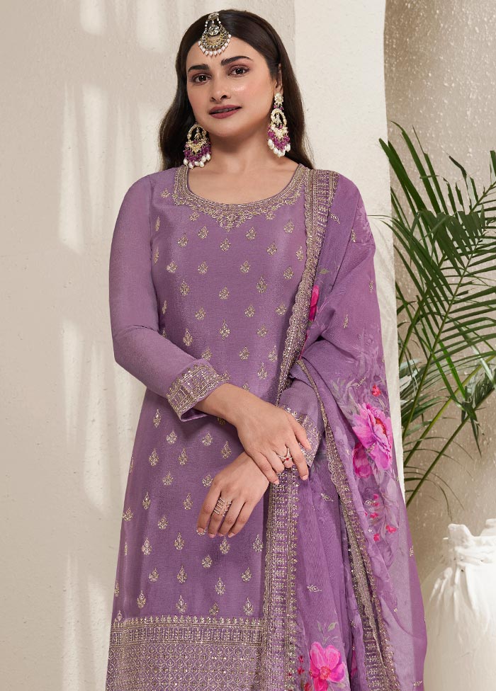 3 Pc Purple Semi Stitched Viscose Suit Set