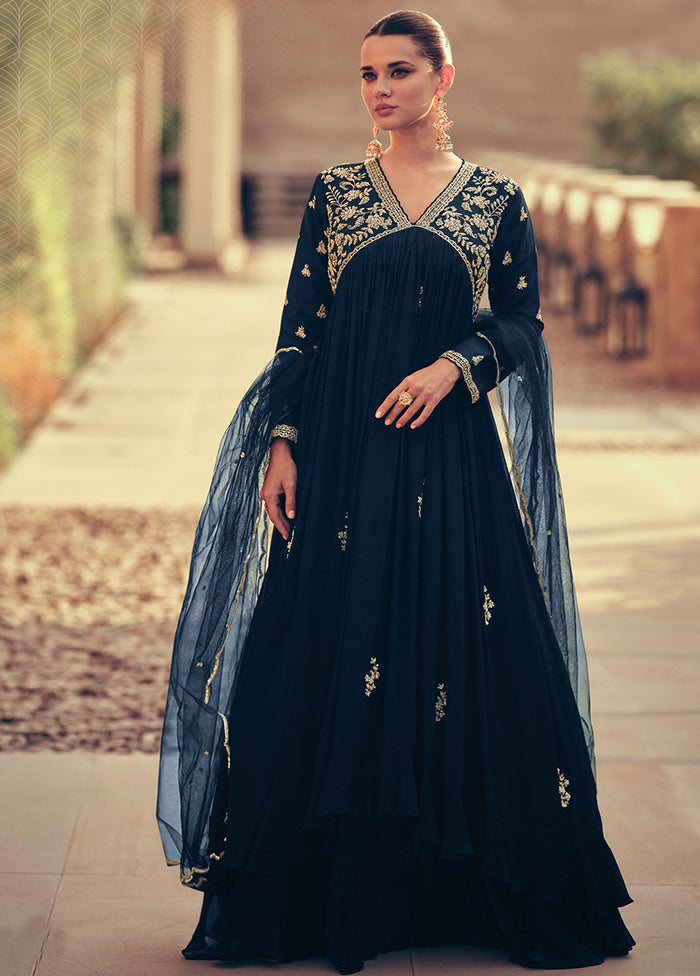 3 Pc Navy Blue Semi Stitched Silk Suit Set