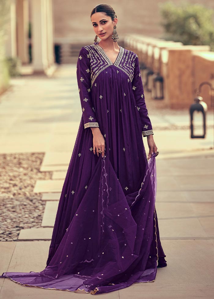 3 Pc Purple Semi Stitched Silk Suit Set