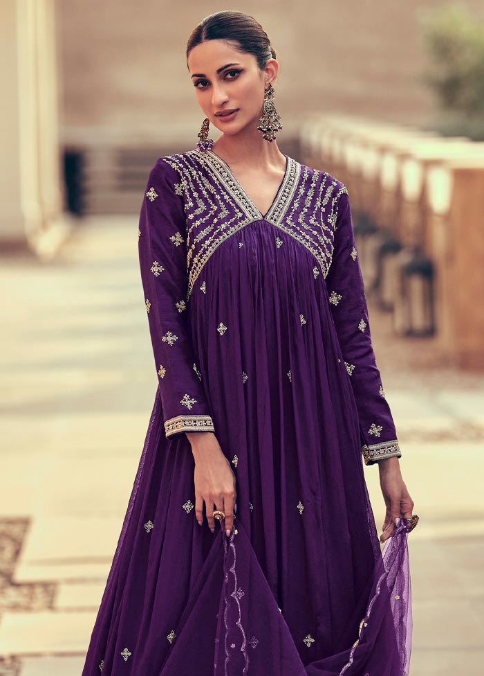 3 Pc Purple Semi Stitched Silk Suit Set