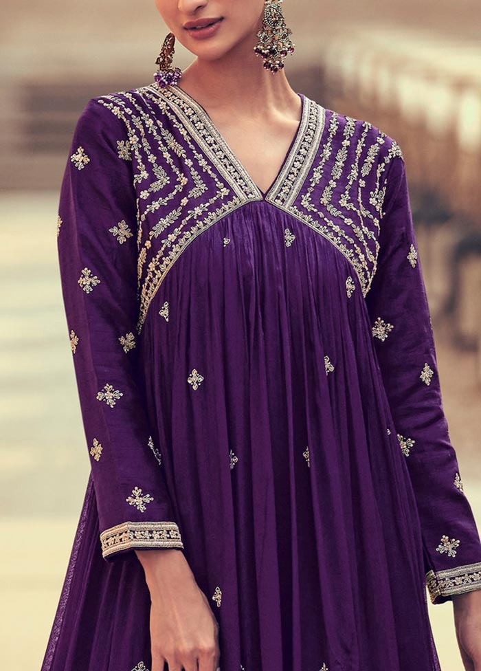 3 Pc Purple Semi Stitched Silk Suit Set