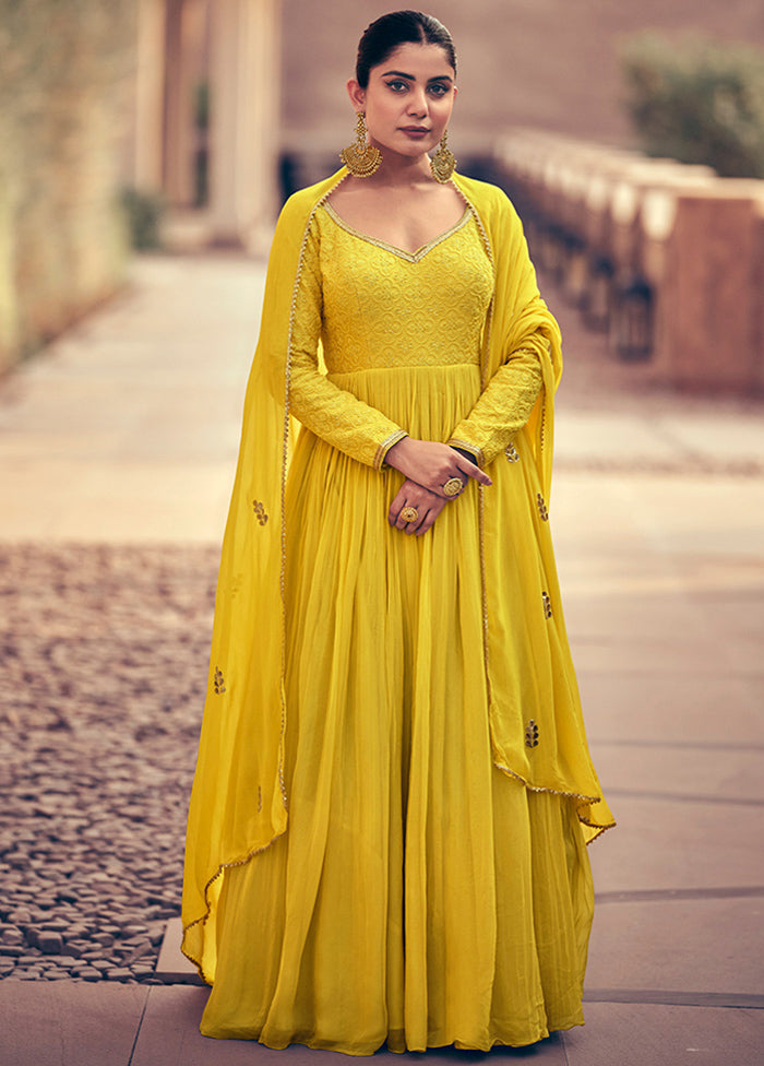 3 Pc Yellow Semi Stitched Georgette Suit Set