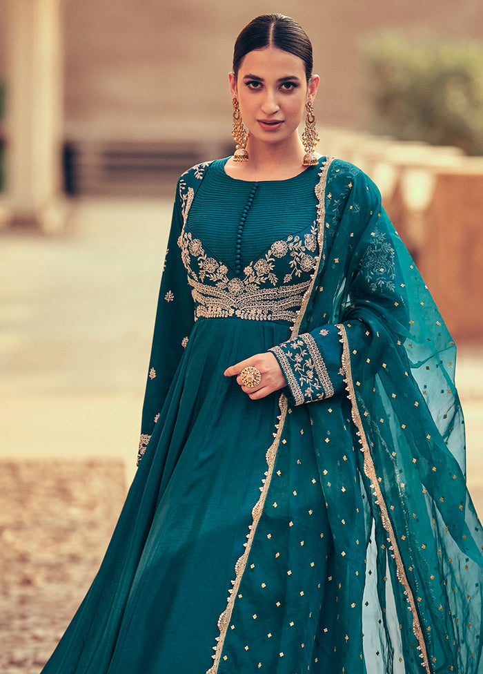 3 Pc Teal Semi Stitched Silk Suit Set