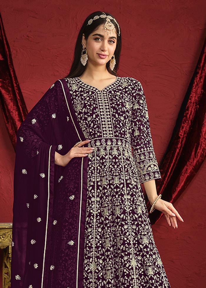 3 Pc Wine Semi Stitched Georgette Suit Set