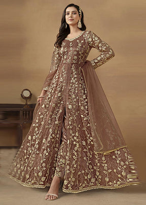 3 Pc Brown Semi Stitched Net Suit Set