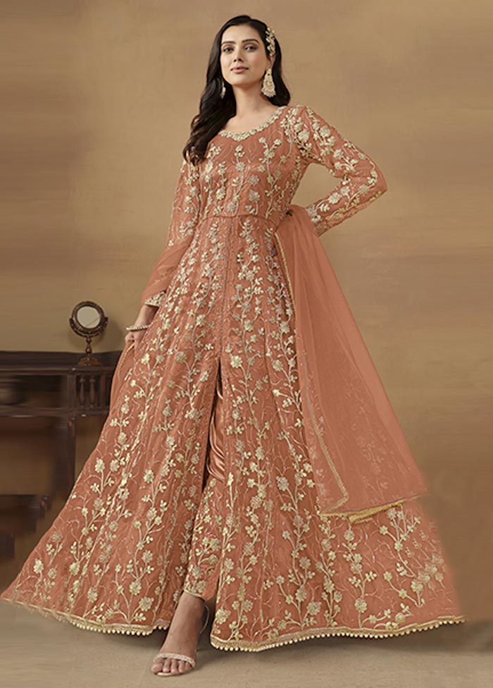 3 Pc Dark Peach Semi Stitched Net Suit Set