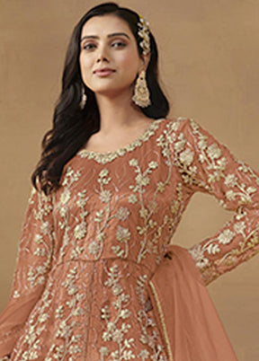 3 Pc Dark Peach Semi Stitched Net Suit Set