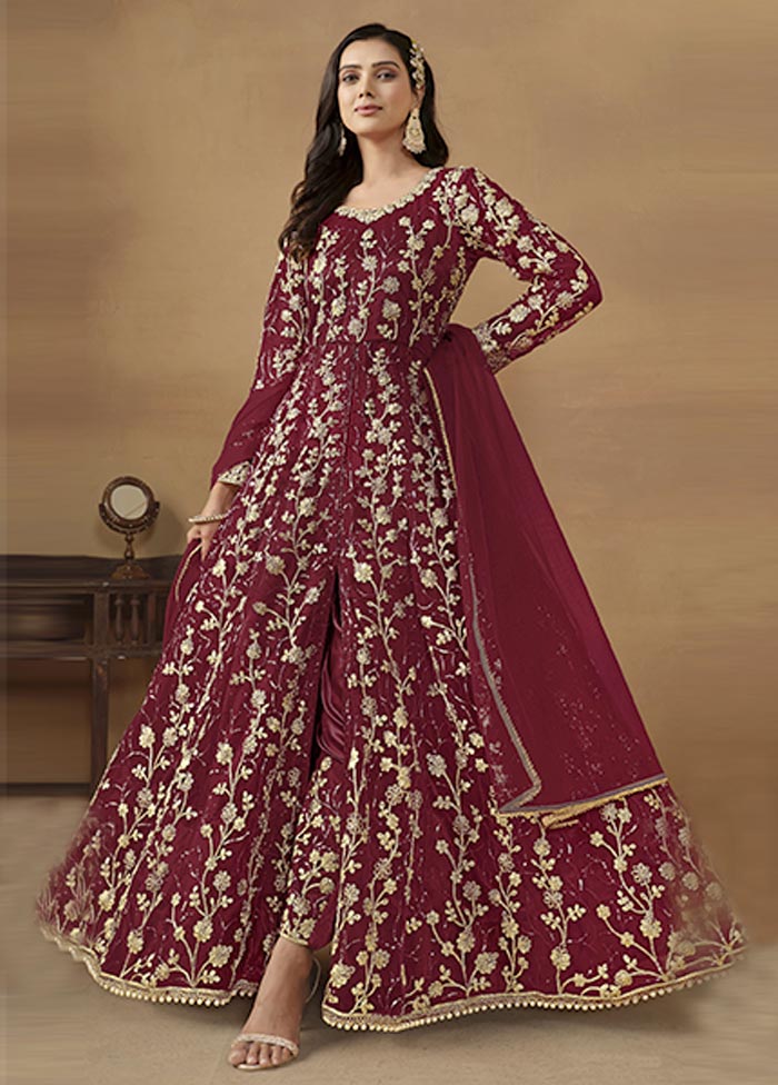 3 Pc Maroon Semi Stitched Net Suit Set