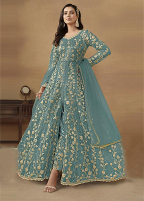 3 Pc Blue Semi Stitched Net Suit Set