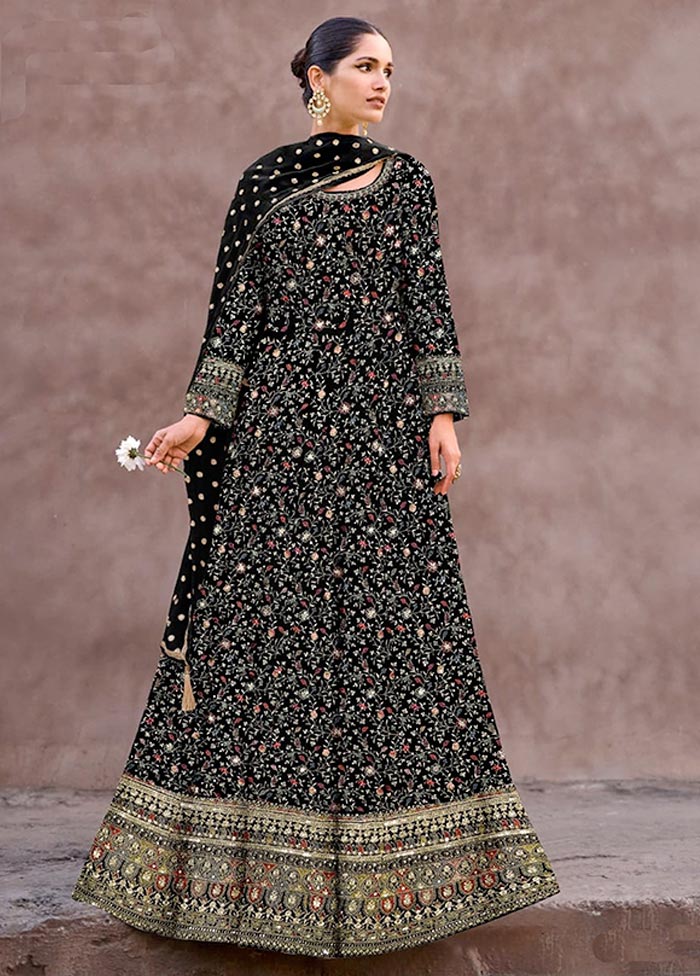 3 Pc Black Semi Stitched Georgette Suit Set