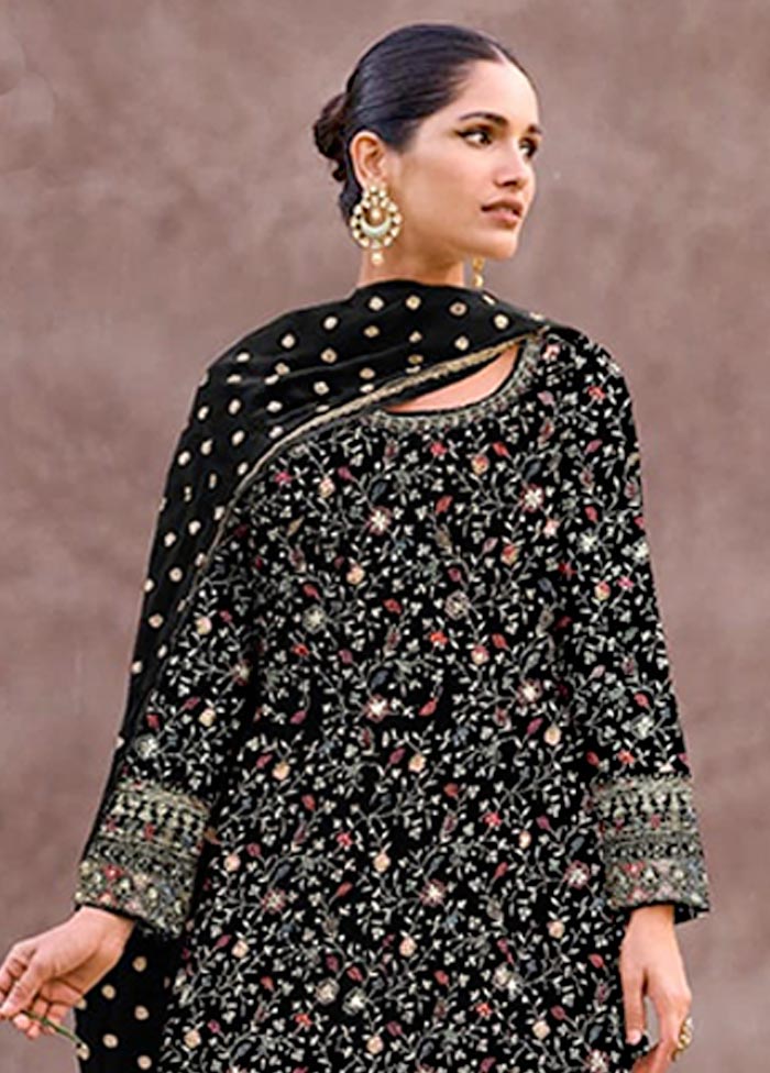 3 Pc Black Semi Stitched Georgette Suit Set