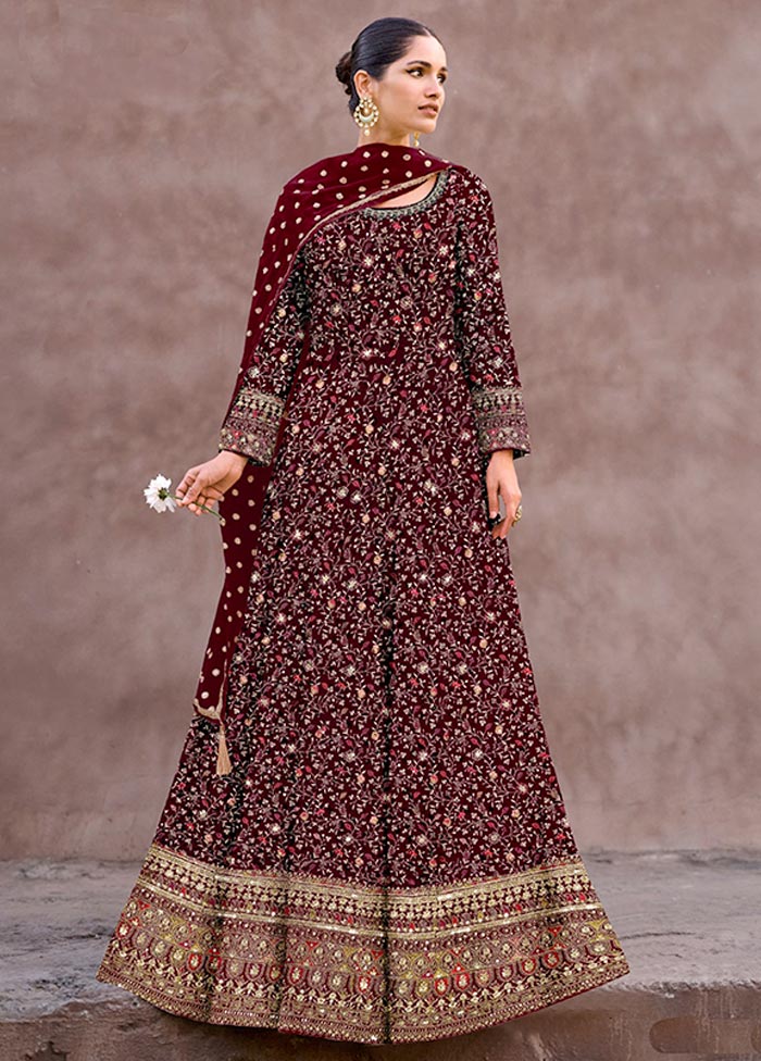 3 Pc Maroon Semi Stitched Georgette Suit Set