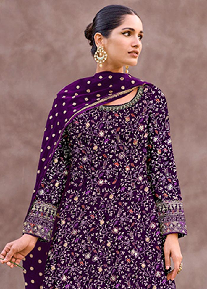 3 Pc Purple Semi Stitched Georgette Suit Set