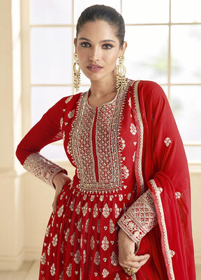 3 Pc Red Semi Stitched Georgette Suit Set