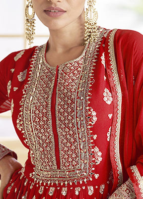 3 Pc Red Semi Stitched Georgette Suit Set