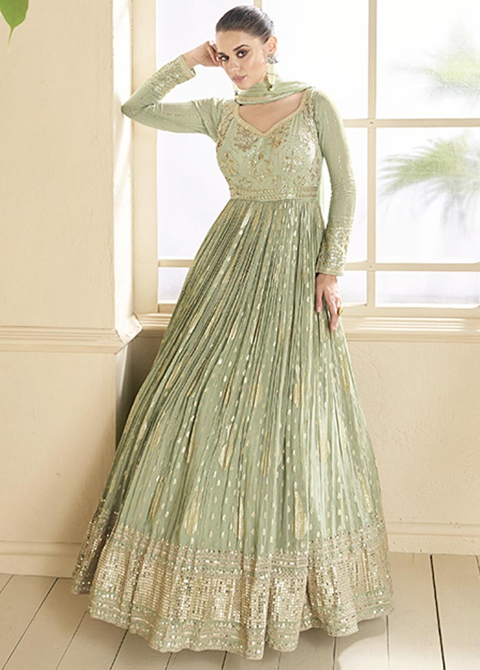 3 Pc Pista Green Semi Stitched Viscose Suit Set