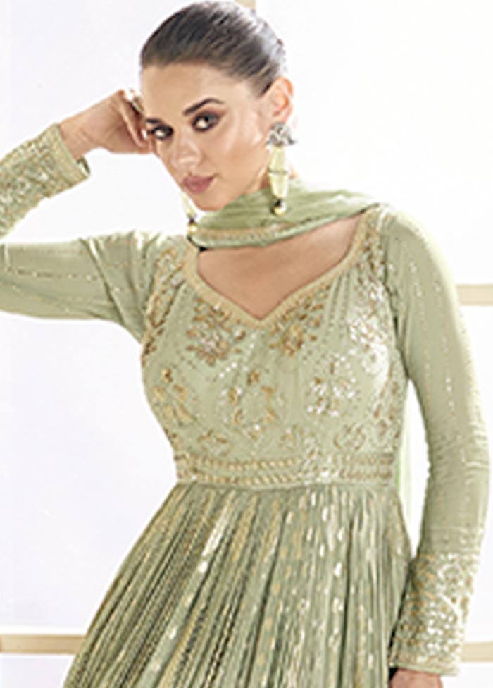 3 Pc Pista Green Semi Stitched Viscose Suit Set