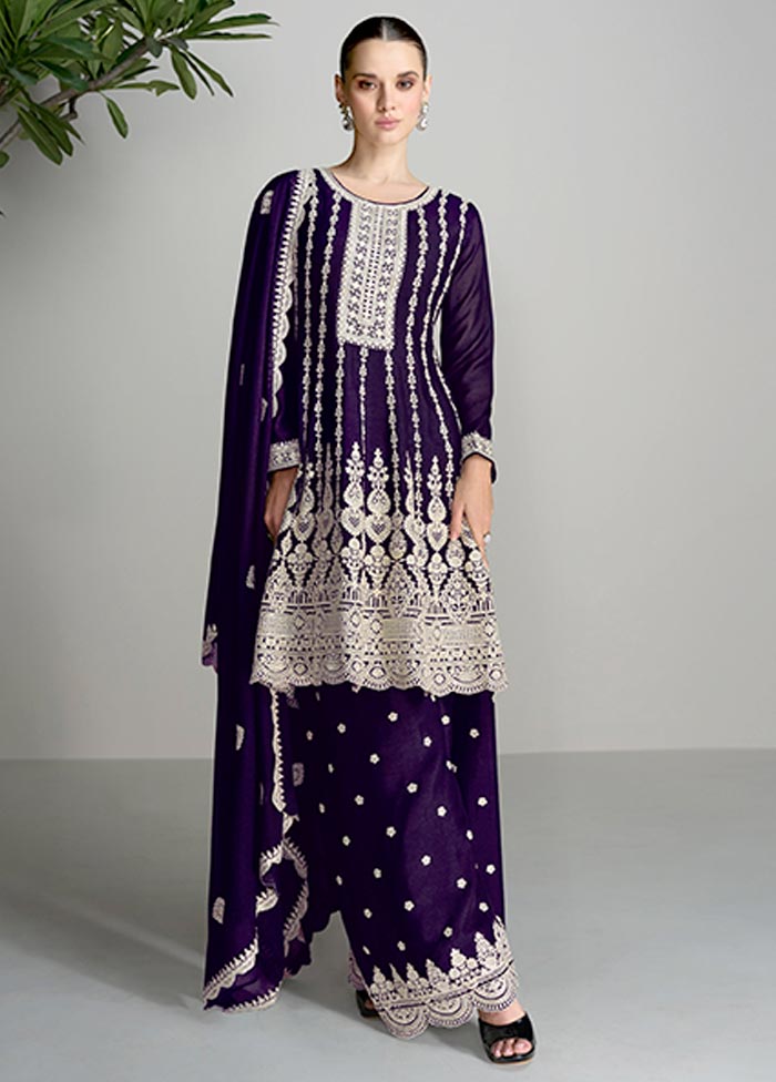 3 Pc Purple Semi Stitched Silk Suit Set