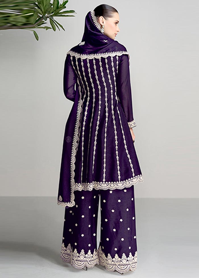 3 Pc Purple Semi Stitched Silk Suit Set