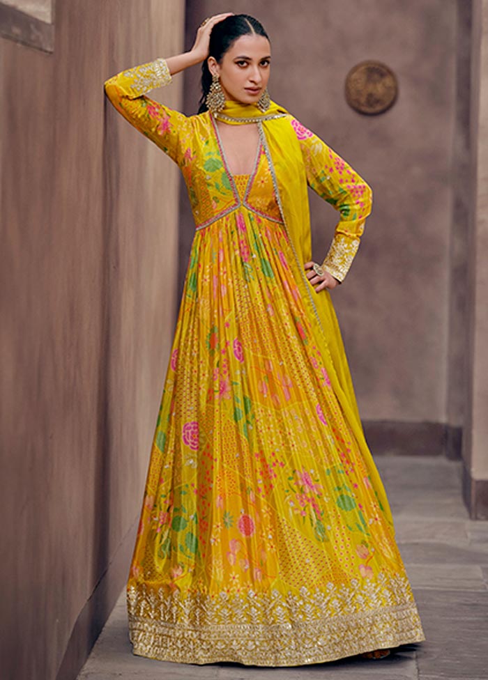 3 Pc Yellow Semi Stitched Georgette Suit Set