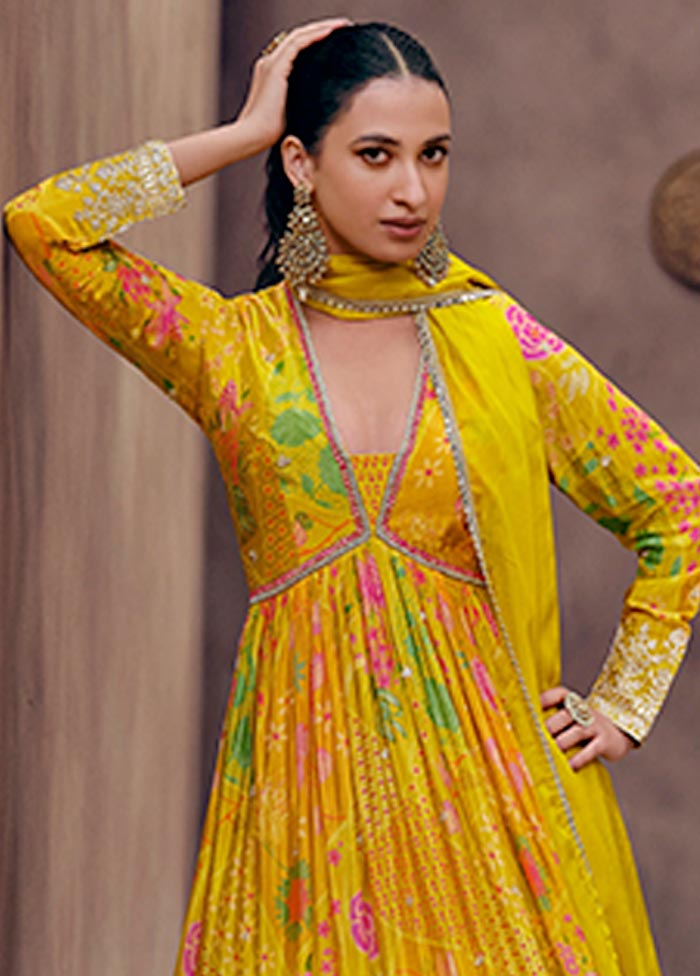 3 Pc Yellow Semi Stitched Georgette Suit Set