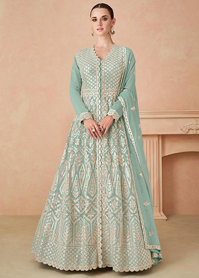 3 Pc Blue Semi Stitched Georgette Suit Set